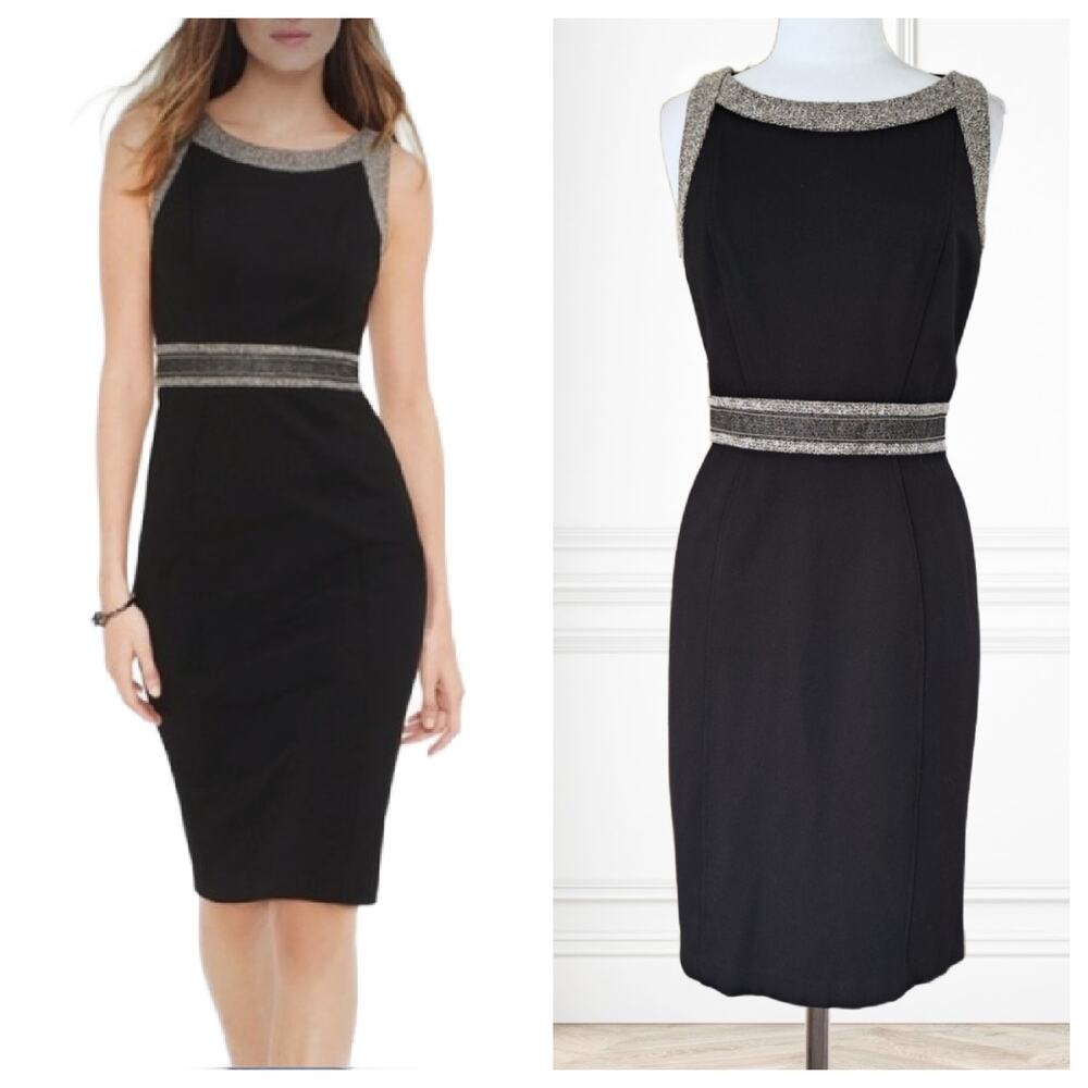 White House Black Market Black Sleeveless Sheath Dress Sz 12 Tweed Combo Career